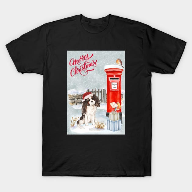 Tri Color Cavalier King Charles Spaniel Merry Christmas Santa Dog T-Shirt by Puppy Eyes